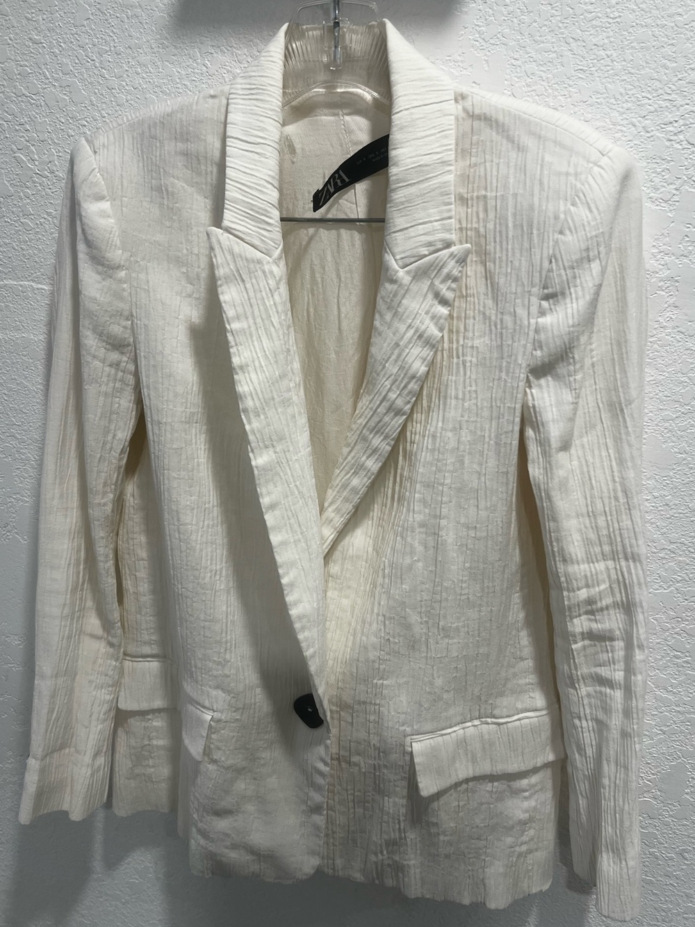 Zara Off White Textured Crinkle One Button Blazer Made in Spain Size S